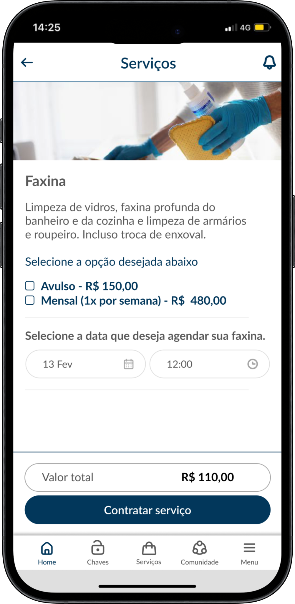 App Proguest: contratação de serviço de faxina com seleção de data e valor