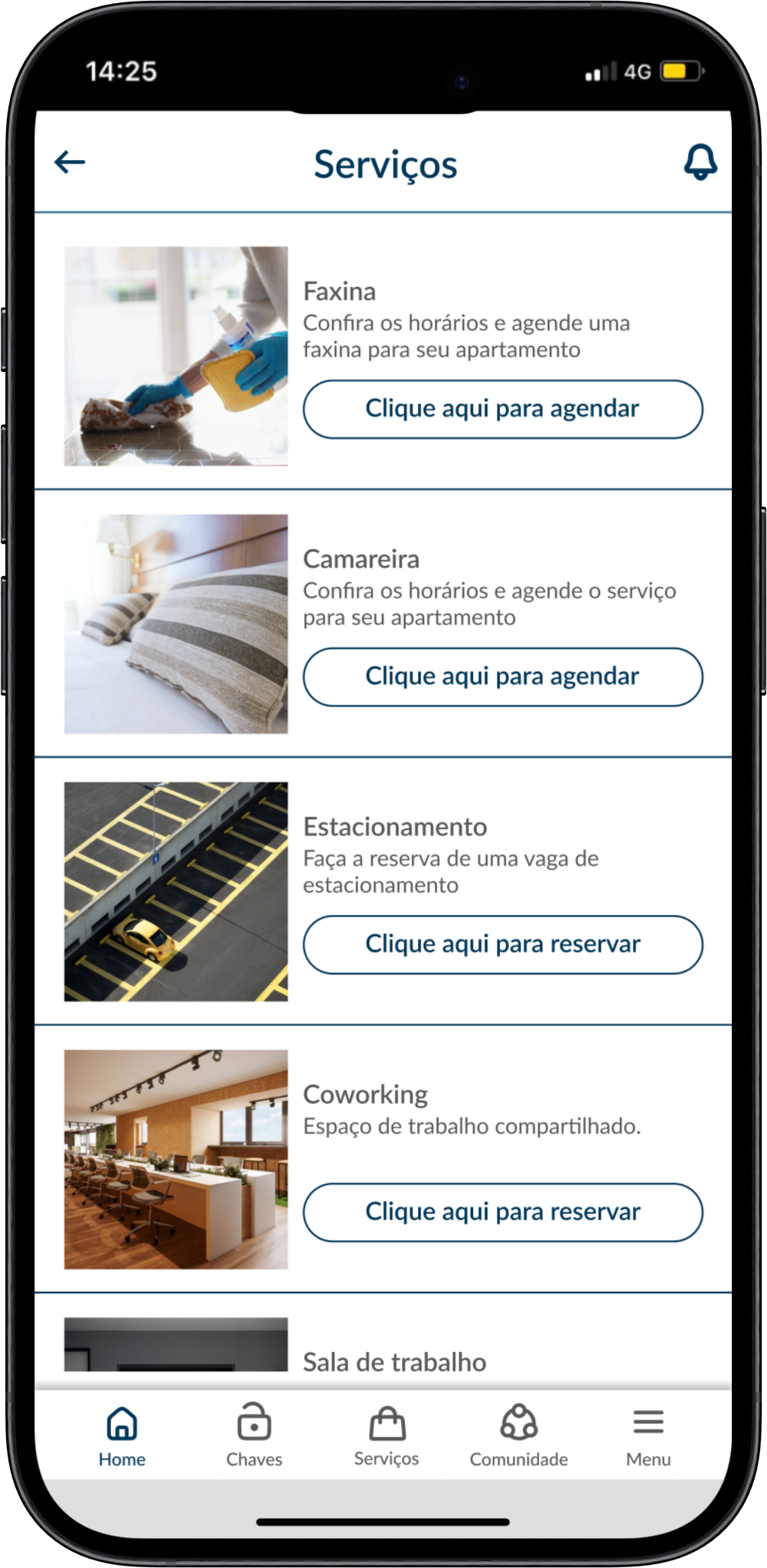 App Proguest: listagem de serviços (faxina, camareira, estacionamento, coworking)